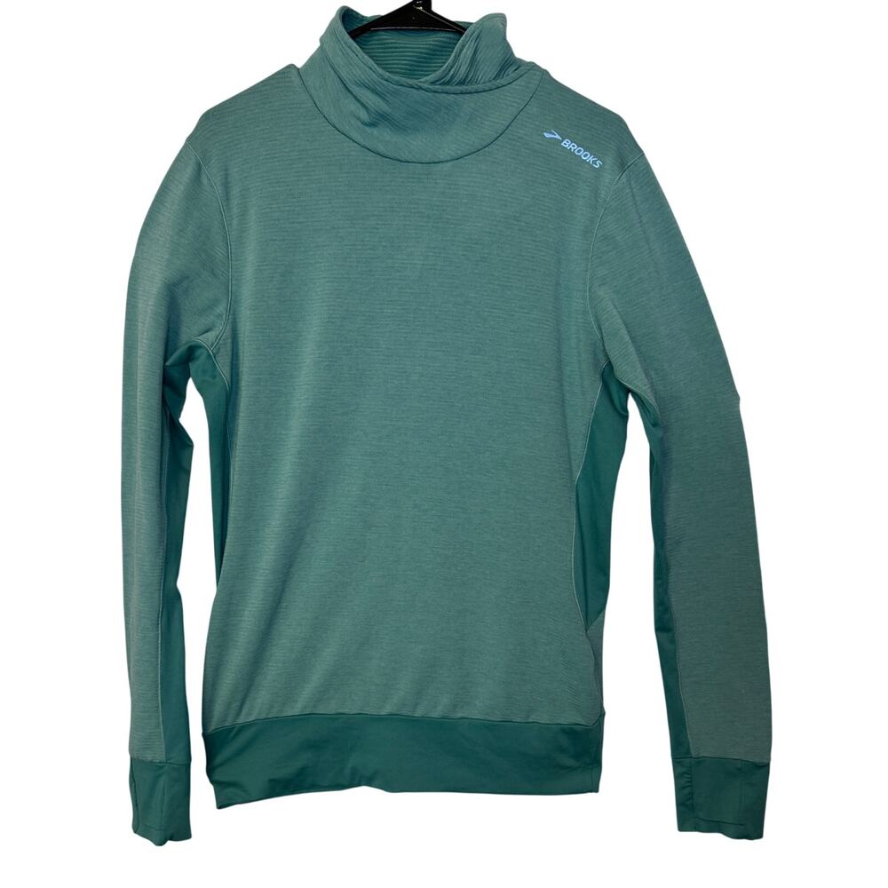 Brooks -Womens Run Happy Size L Stretchy Long Sleeve Turtleneck Thumbholes Green